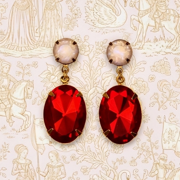 Sorrelli inspired Jewelry - Superior Minimalist Pigeon Blood Red Glass & Powder Pink In Gold Plated Earrings